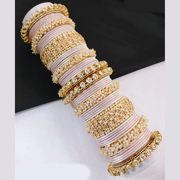 Lucentarts Jewellery Gold Plated Crystal Stone And Pearls Bangles Set