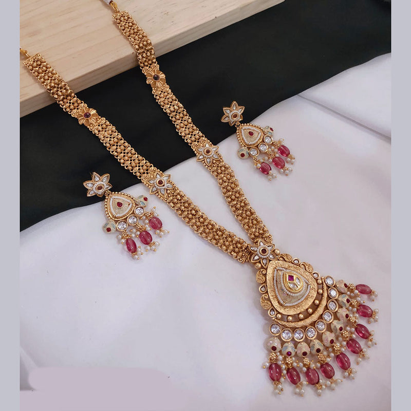 Lucentarts Jewellery Gold Plated Pota Stone And Meenakari Long Necklace Set