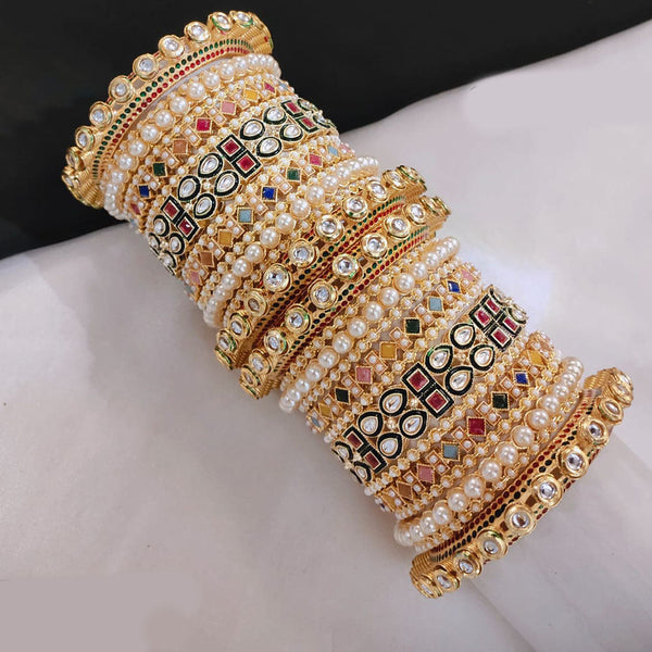 Lucentarts Jewellery Gold Plated Crystal Stone And Pearls Bangles Set