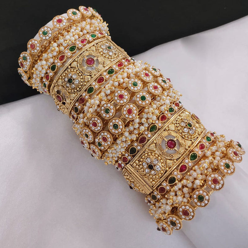 Lucentarts Jewellery Gold Plated Pota Stone And Pearls Openable Bangles Set