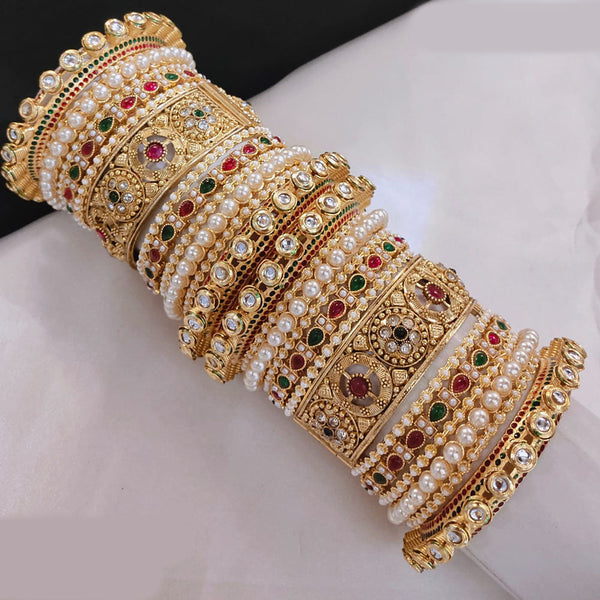 Lucentarts Jewellery Gold Plated Pota Stone And Pearls Openable Bangles Set