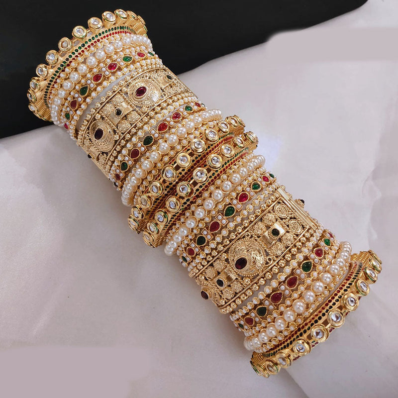 Lucentarts Jewellery Gold Plated Pota Stone And Pearls Openable Bangles Set