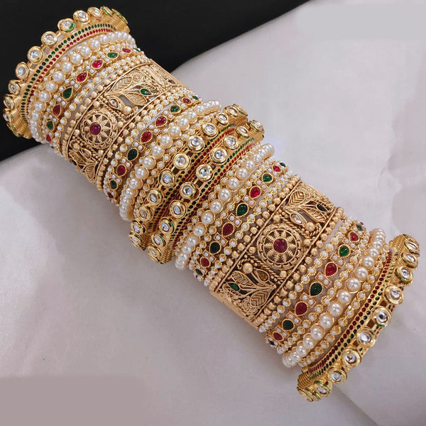 Lucentarts Jewellery Gold Plated Pota Stone And Pearls Openable Bangles Set