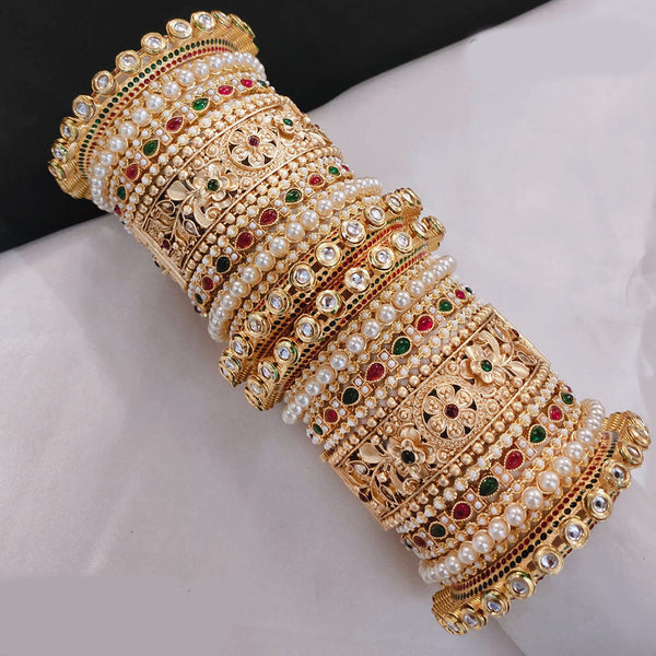 Lucentarts Jewellery Gold Plated Pota Stone And Pearls Openable Bangles Set