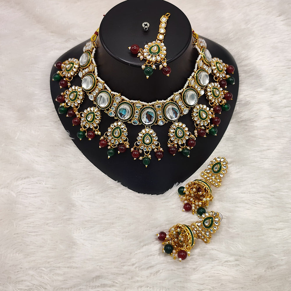 Lucentarts Jewellery Gold Plated Kundan Stone Pearls And Meenakari Choker Necklace Set