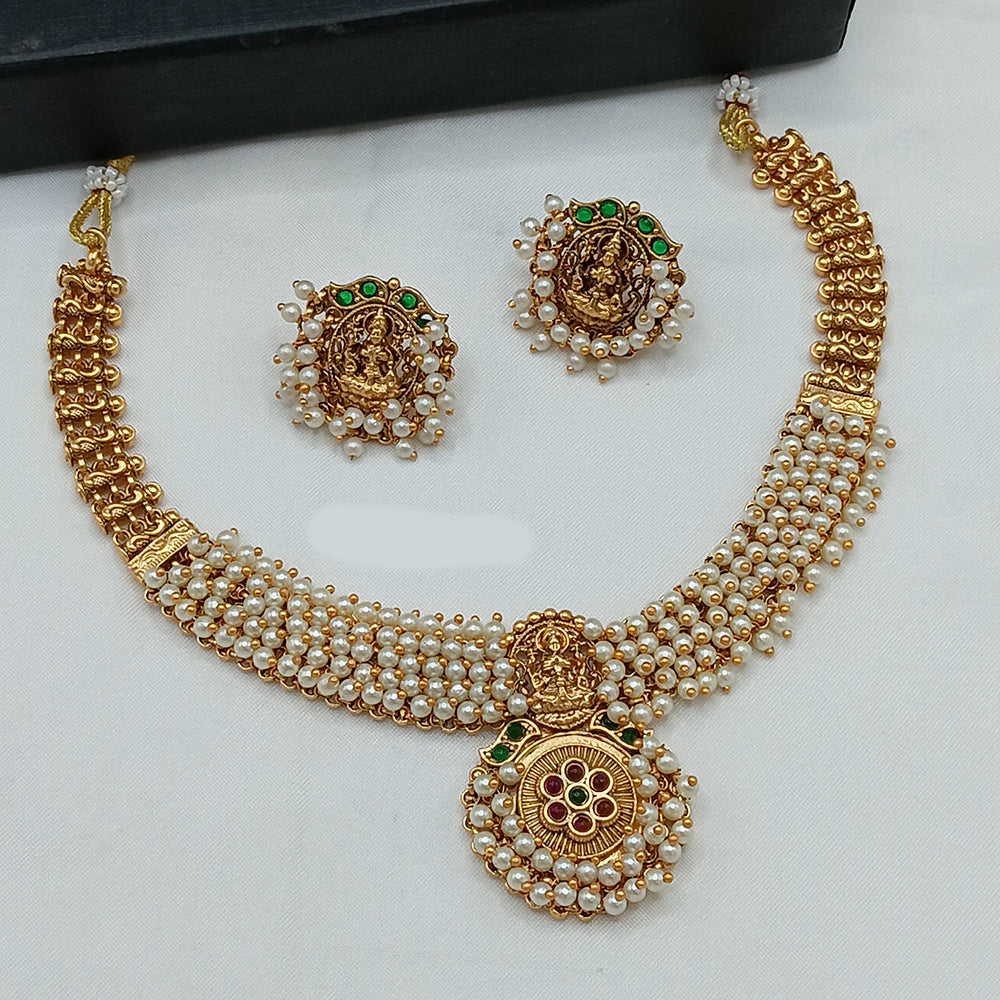Lucentarts Jewellery Elegant Gold Plated Pota And Pearl Temple Necklace Set for Special Occasions