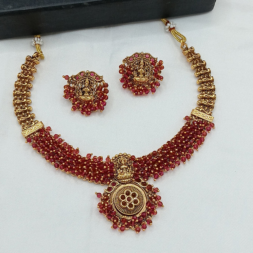 Lucentarts Jewellery Elegant Gold Plated Pota And Pearl Temple Necklace Set for Special Occasions