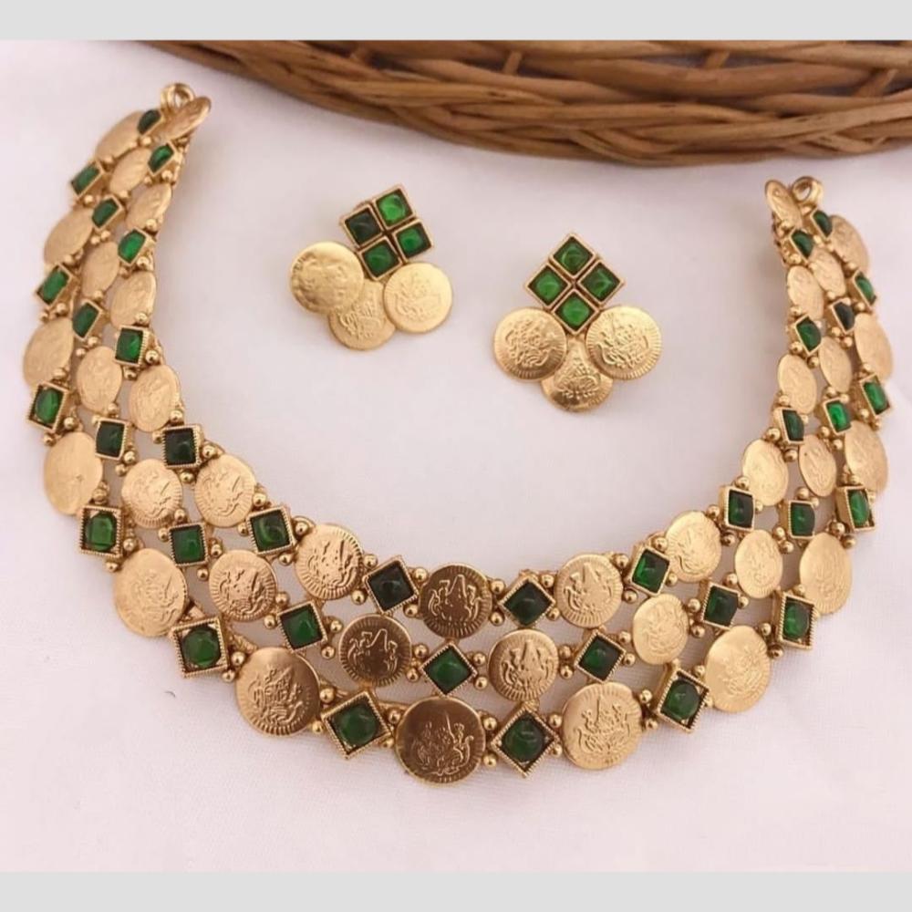Lucentarts Jewellery Gold Plated Pota Stone Temple Choker Necklace Set
