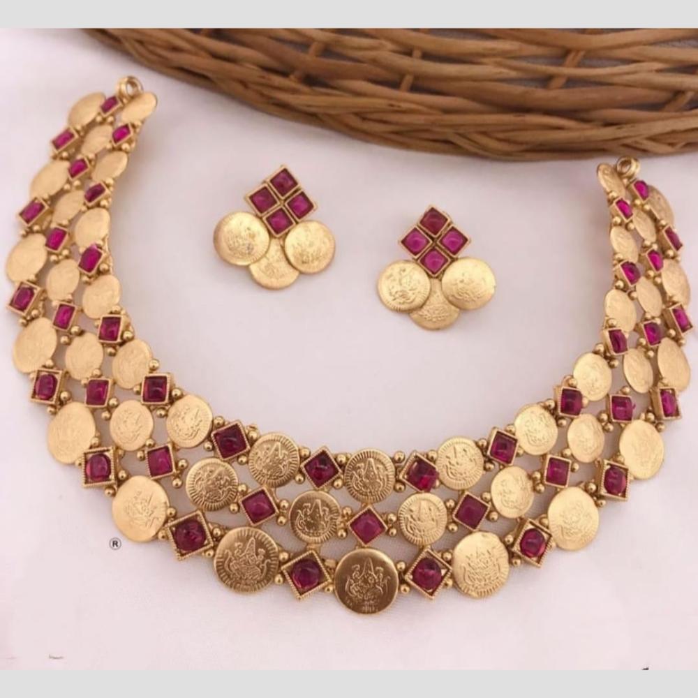 Lucentarts Jewellery Gold Plated Pota Stone Temple Choker Necklace Set