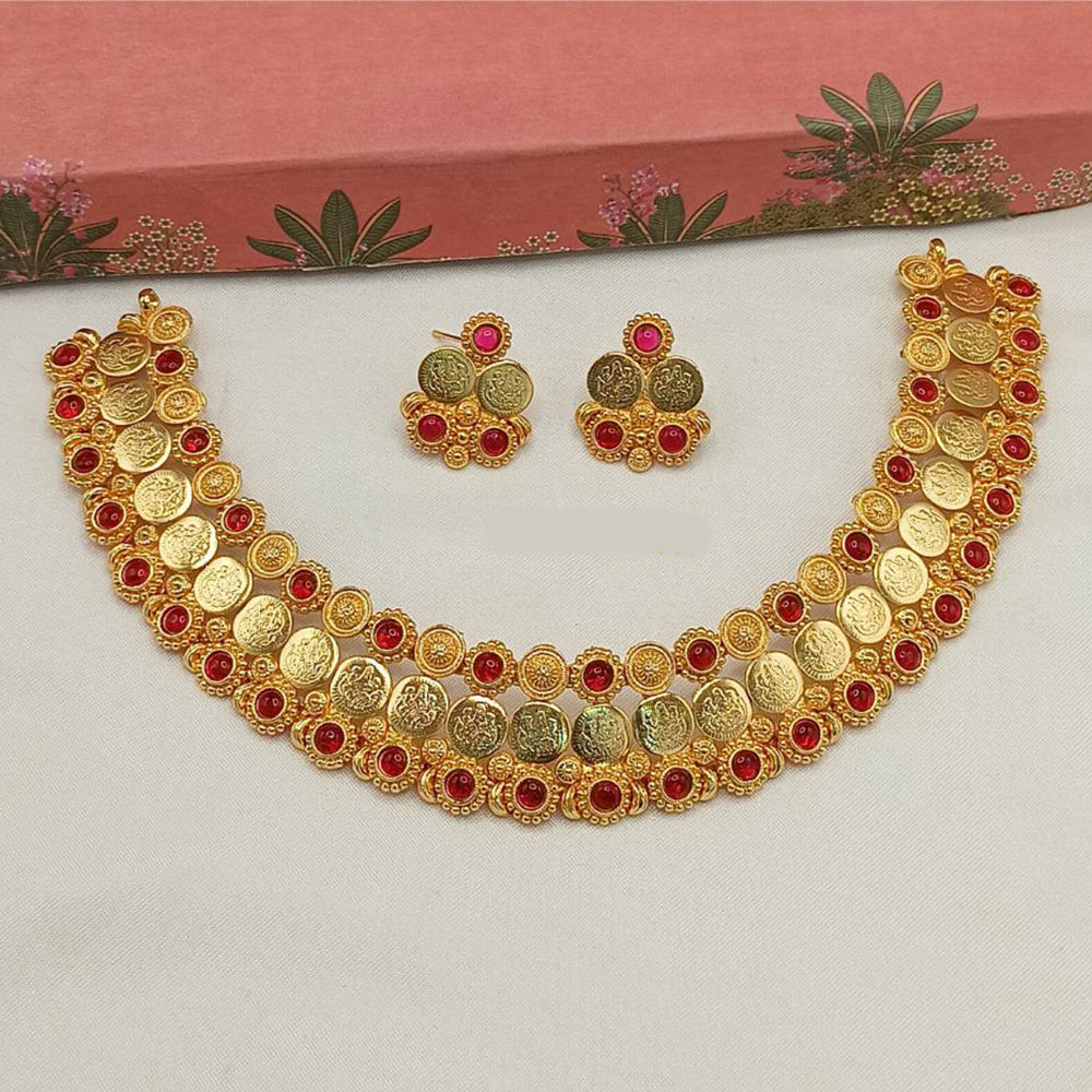 Lucentarts Jewellery Gold Plated Pota Stone Temple Choker Necklace Set