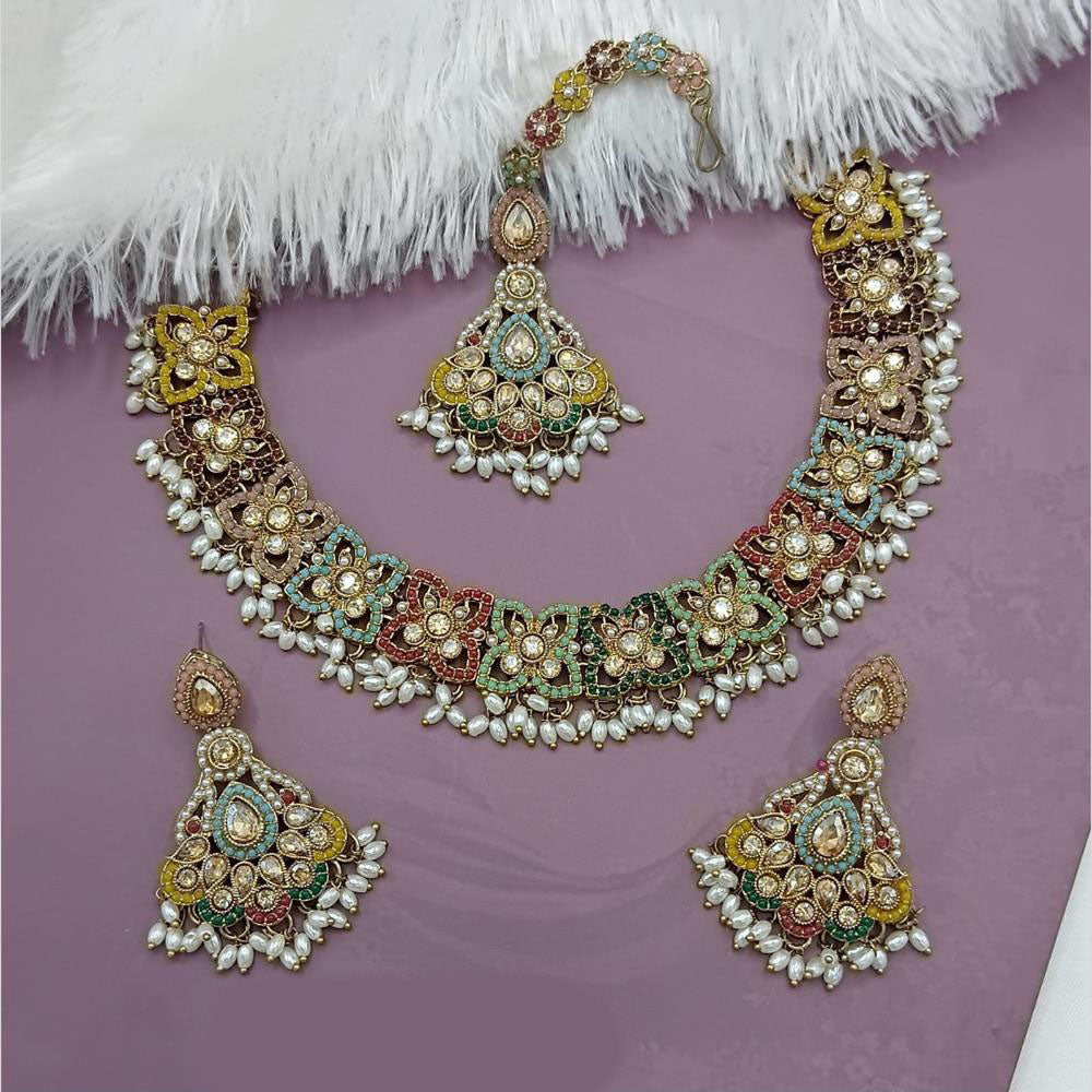 Lucentarts Jewellery Gold Plated Crystal Stone And Pearl Necklace Set