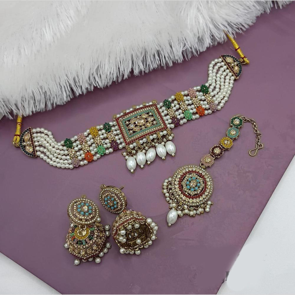 Lucentarts Jewellery Gold Plated Crystal Stone And Pearls Choker Necklace Set