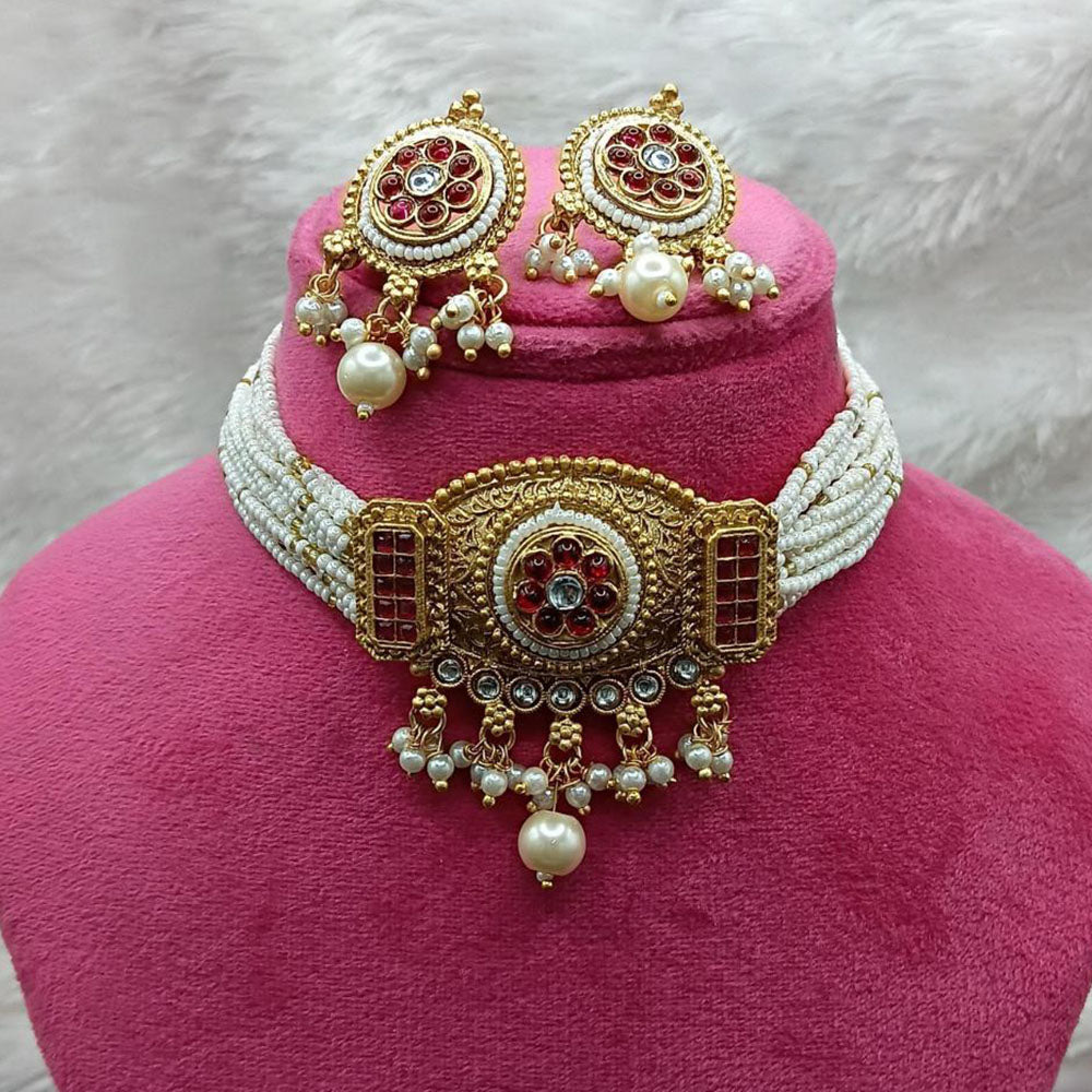 Lucentarts Jewellery Gold Plated Pota Stone Beads And Pearl Choker Necklace Set