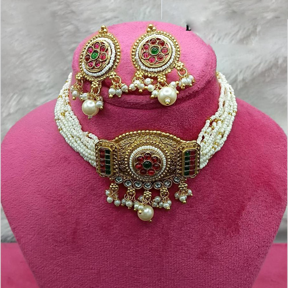 Lucentarts Jewellery Gold Plated Pota Stone Beads And Pearl Choker Necklace Set