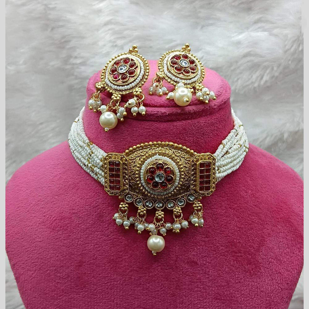 Lucentarts Jewellery Gold Plated Pota Stone Beads And Pearl Choker Necklace Set