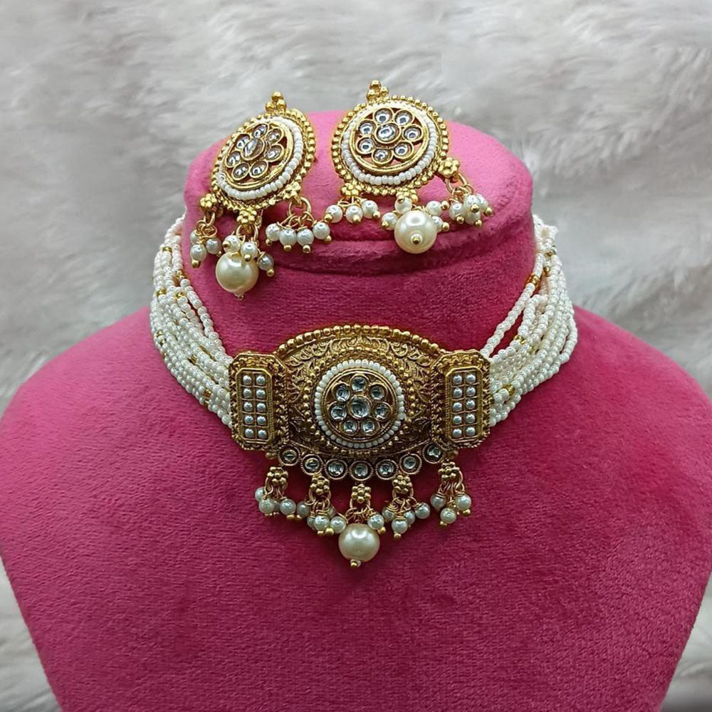 Lucentarts Jewellery Gold Plated Pota Stone Beads And Pearl Choker Necklace Set