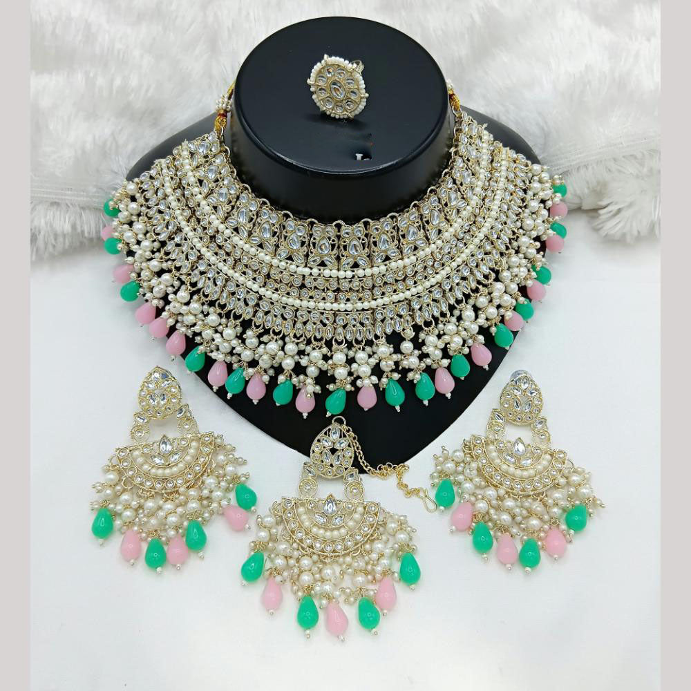 Lucentarts Jewellery Gold Plated Kundan Stone Pearls And Beads Choker Necklace Set