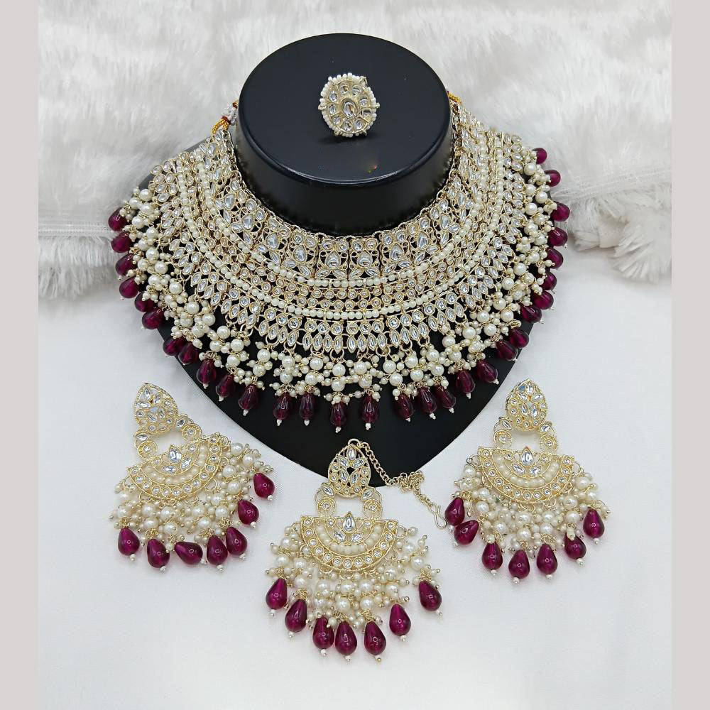 Lucentarts Jewellery Gold Plated Kundan Stone Pearls And Beads Choker Necklace Set