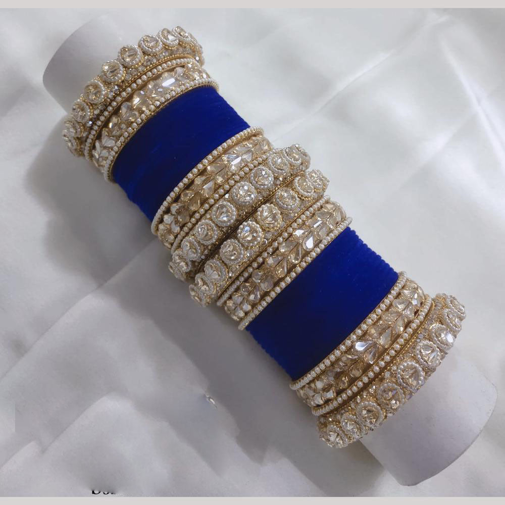 Lucentarts Jewellery Gold Plated Crystal Stone And Pearl Velvet Bangles Set