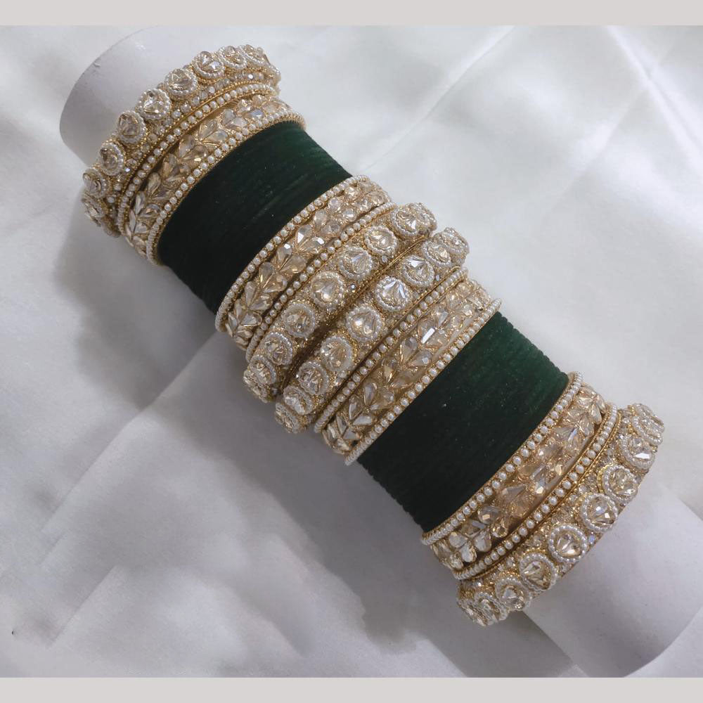 Lucentarts Jewellery Gold Plated Crystal Stone And Pearl Velvet Bangles Set