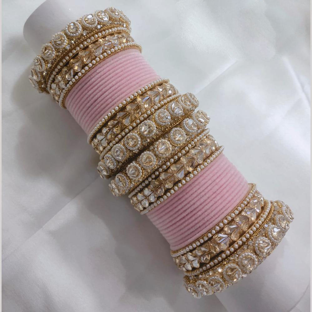 Lucentarts Jewellery Gold Plated Crystal Stone And Pearl Velvet Bangles Set
