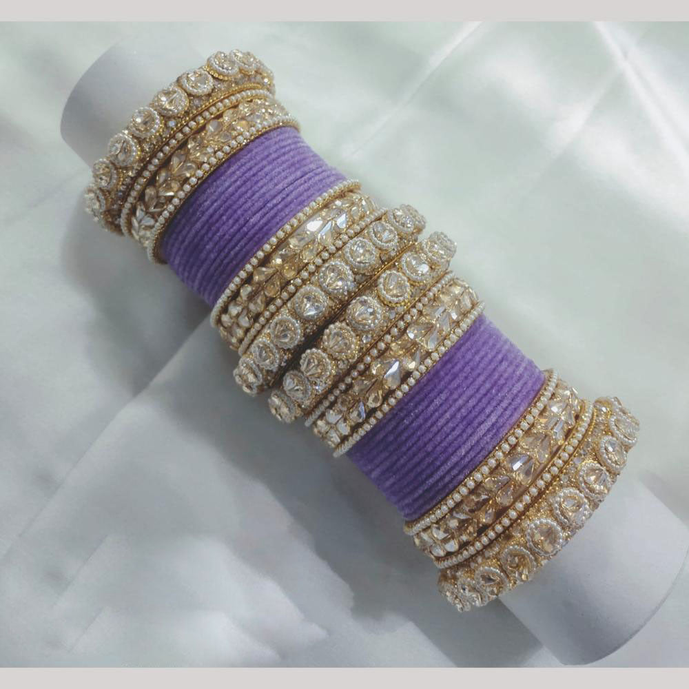 Lucentarts Jewellery Gold Plated Crystal Stone And Pearl Velvet Bangles Set