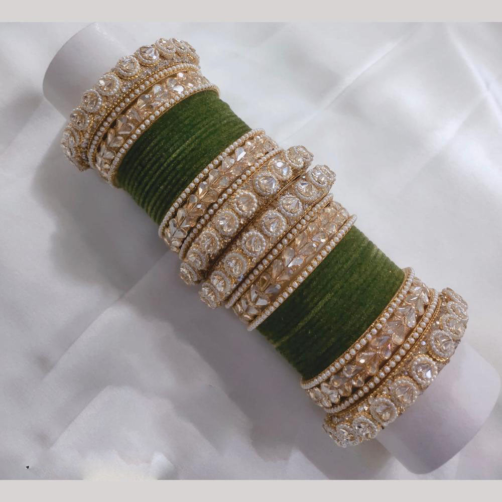 Lucentarts Jewellery Gold Plated Crystal Stone And Pearl Velvet Bangles Set