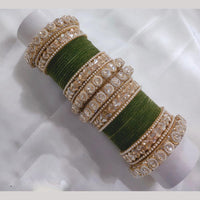 Lucentarts Jewellery Gold Plated Crystal Stone And Pearl Velvet Bangles Set