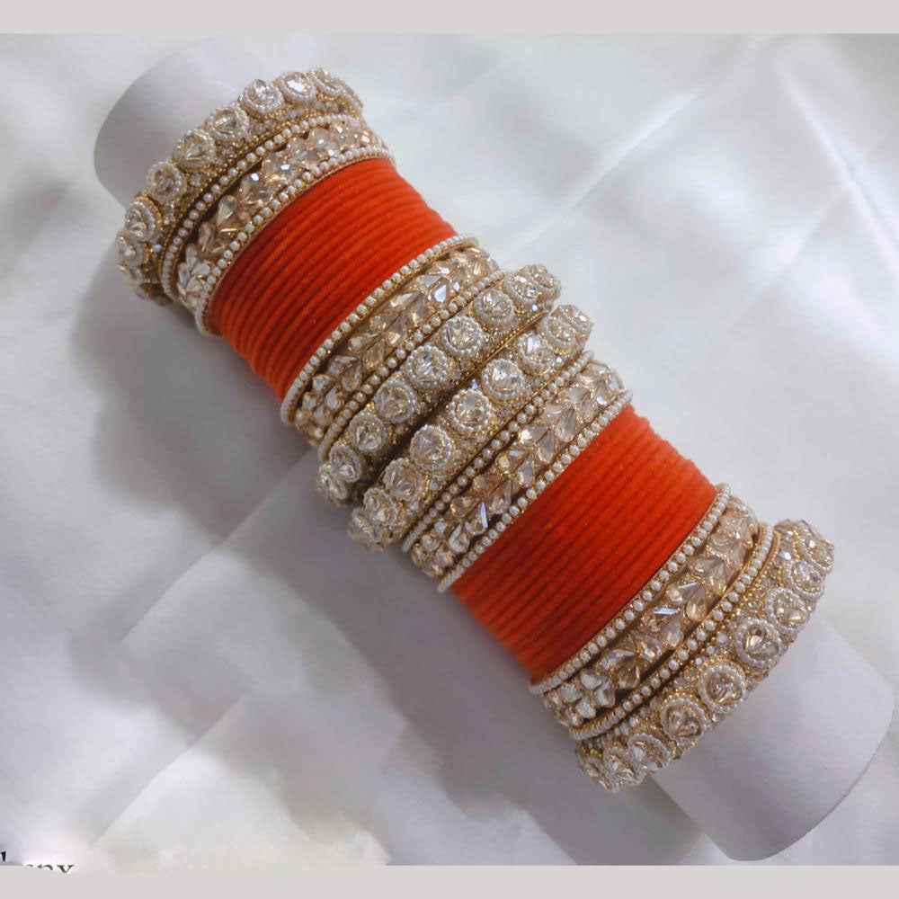 Lucentarts Jewellery Gold Plated Crystal Stone And Pearl Velvet Bangles Set