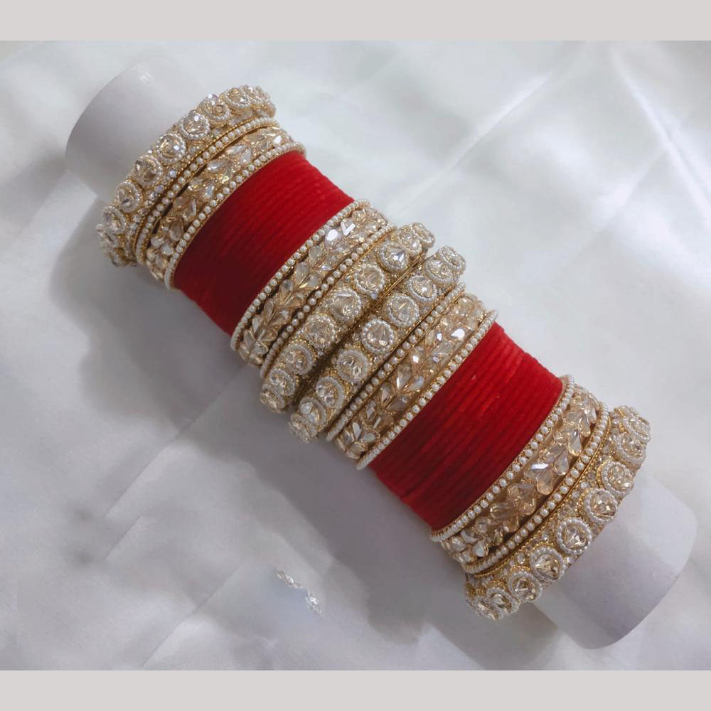 Lucentarts Jewellery Gold Plated Crystal Stone And Pearl Velvet Bangles Set