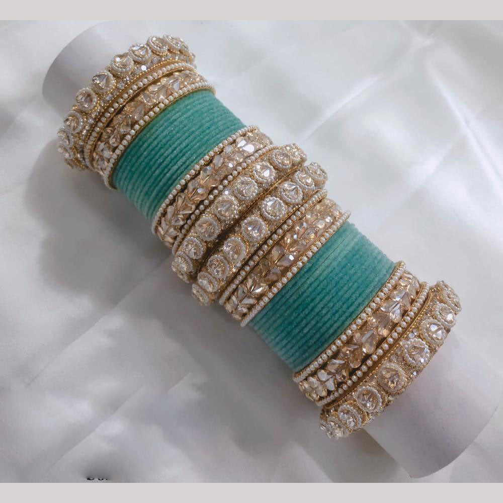 Lucentarts Jewellery Gold Plated Pota Stone And Pearl Velvet Bangles Set