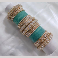 Lucentarts Jewellery Gold Plated Crystal Stone And Pearl Velvet Bangles Set