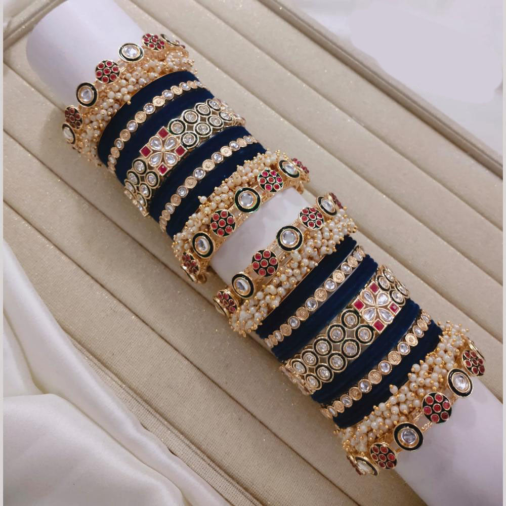 Lucentarts Jewellery Gold Plated Pota Stone And Pearl Velvet Bangles Set