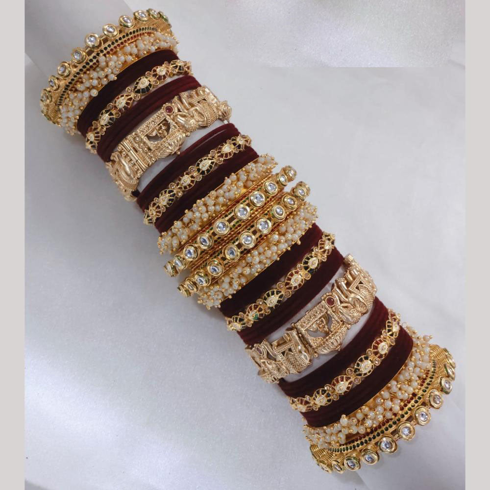 Lucentarts Jewellery Gold Plated Kundan Stone And Pearl Velvet Bangles Set
