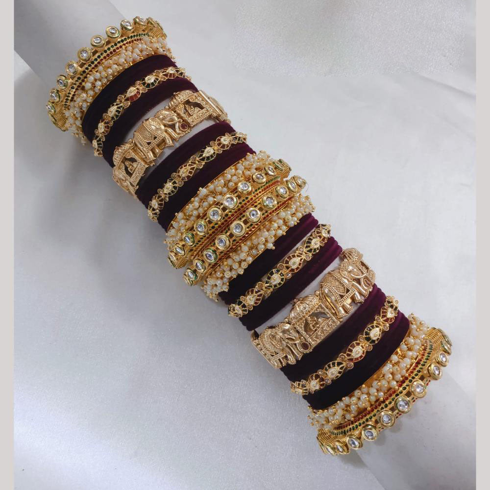 Lucentarts Jewellery Gold Plated Kundan Stone And Pearl Velvet Bangles Set
