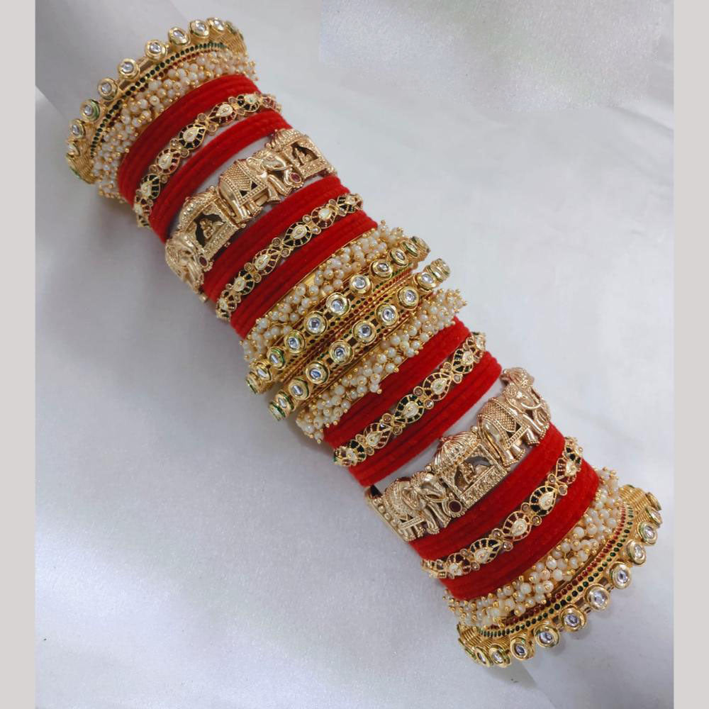 Lucentarts Jewellery Gold Plated Kundan Stone And Pearl Velvet Bangles Set