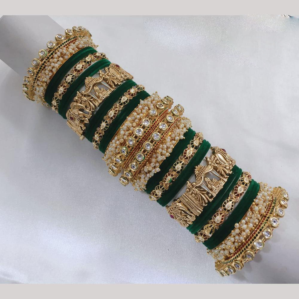 Lucentarts Jewellery Gold Plated Kundan Stone And Pearl Velvet Bangles Set