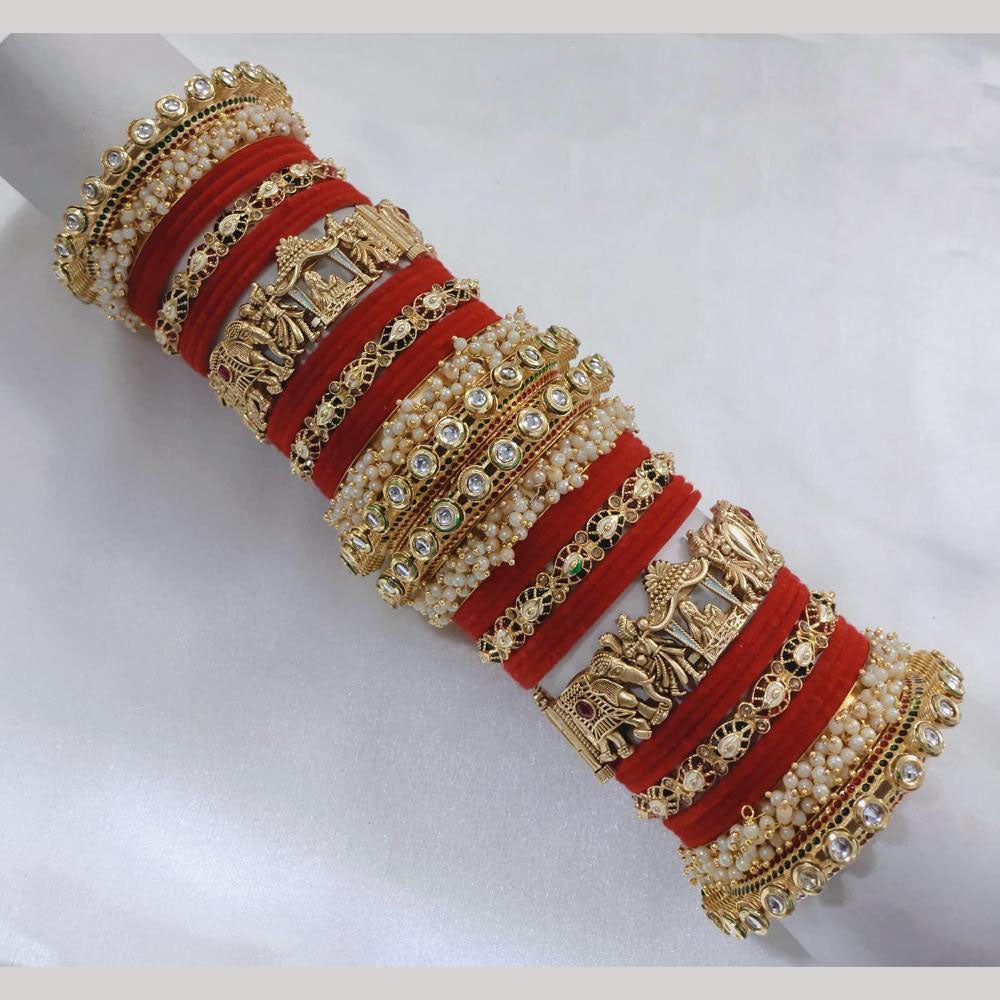 Lucentarts Jewellery Gold Plated Kundan Stone And Pearl Velvet Bangles Set