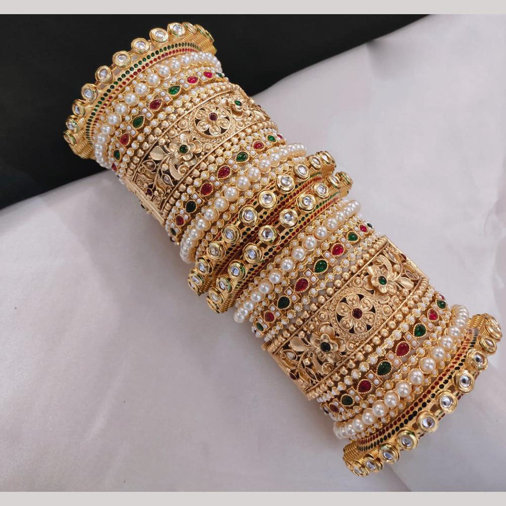 Lucentarts Jewellery Gold Plated Kundan And Pearl Bangles Set