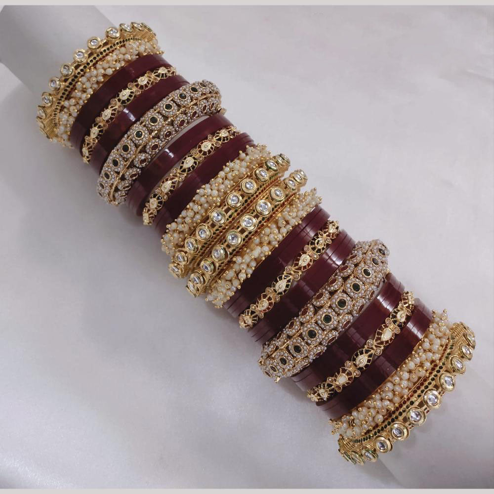 Lucentarts Jewellery Gold Plated Kundan Stone And Pearl Acrylic Bangles Set