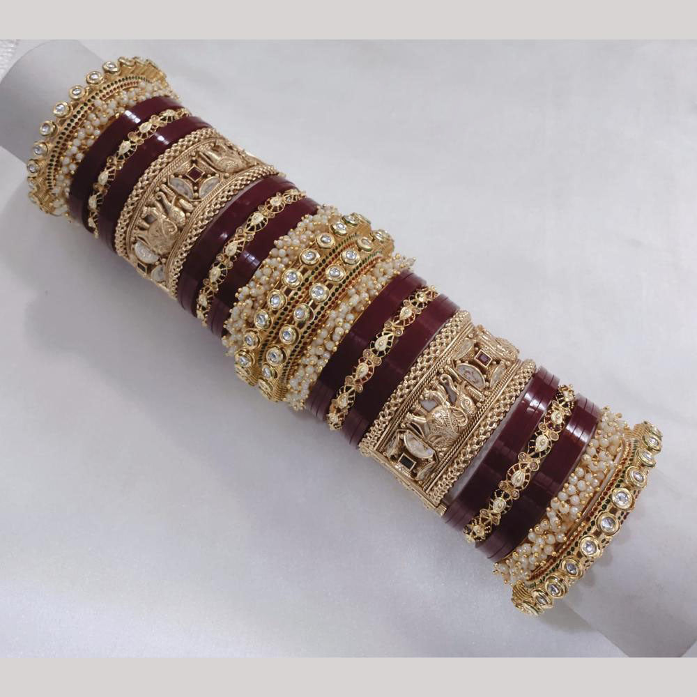 Lucentarts Jewellery Gold Plated Kundan Stone And Pearl Acrylic Bangles Set