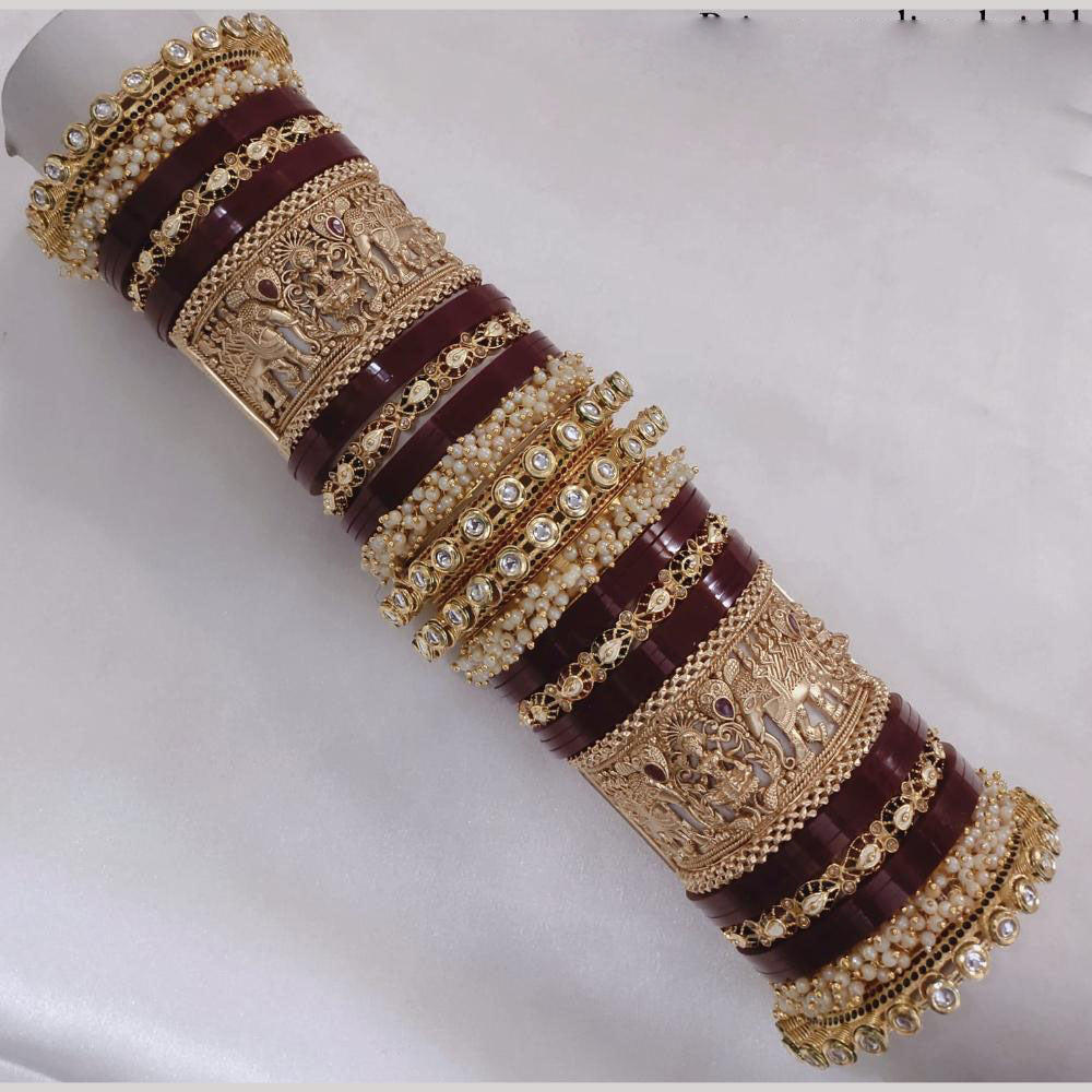 Lucentarts Jewellery Gold Plated Kundan Stone And Pearl Acrylic Bangles Set