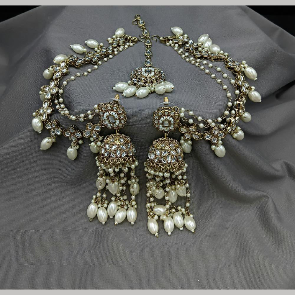 Lucentarts Jewellery Gold Plated Kundan Stone And Pearls Jhumki Earrings with Mangtikka