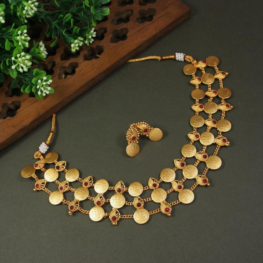 Lucentarts Jewellery Antique Gold Finish Necklace set With Goddess laxmi on it