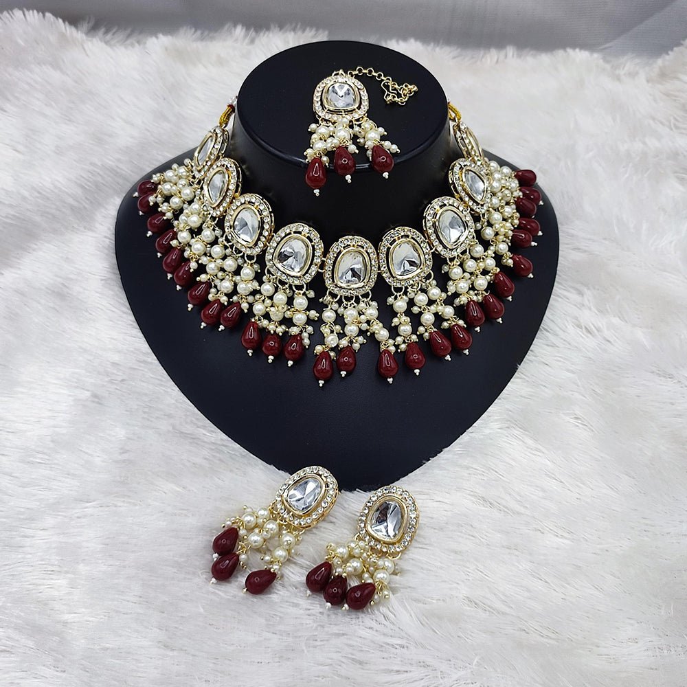 Lucentarts Jewellery Kundan Necklace with Pearl Drops and Beaded Layers