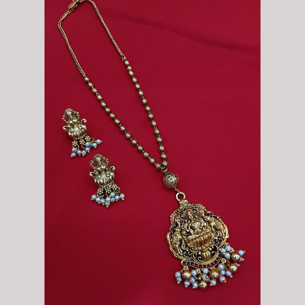 Lucentarts Jewellery Heritage Inspired Pota Stone And Pearl Temple Long Necklace Set