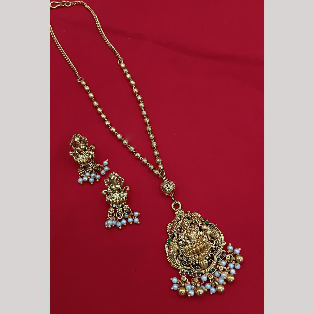 Lucentarts Jewellery Heritage Inspired Pota Stone And Pearl Temple Long Necklace Set