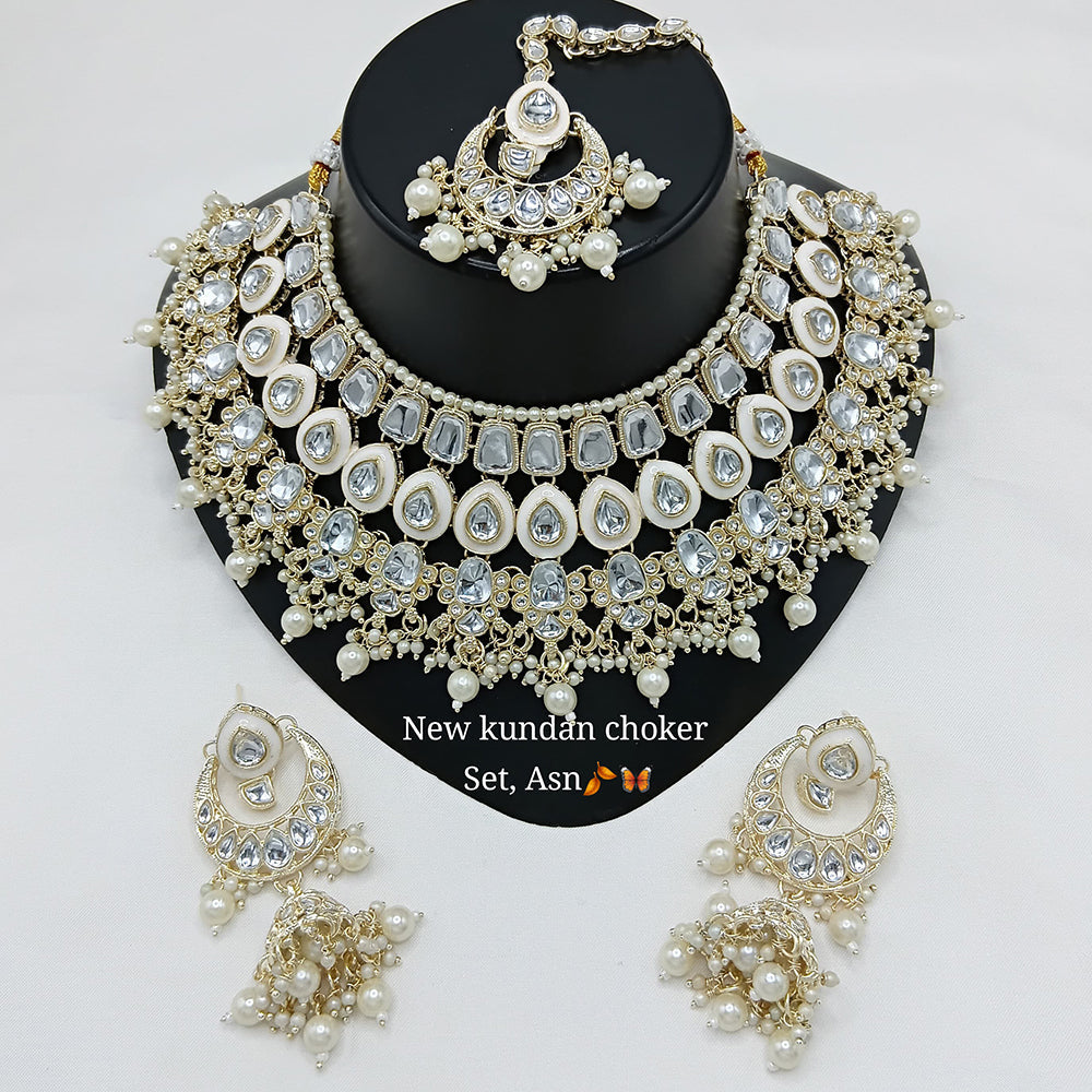 Lucentarts Jewellery Premium Kundan Stone And Pearl Meenakari Choker Necklace Set
