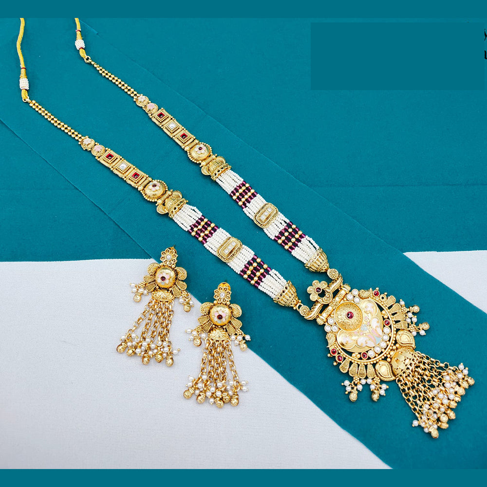 Lucentarts Jewellery Glamorous Pota Stone And Pearl Meenakari Long Necklace Set