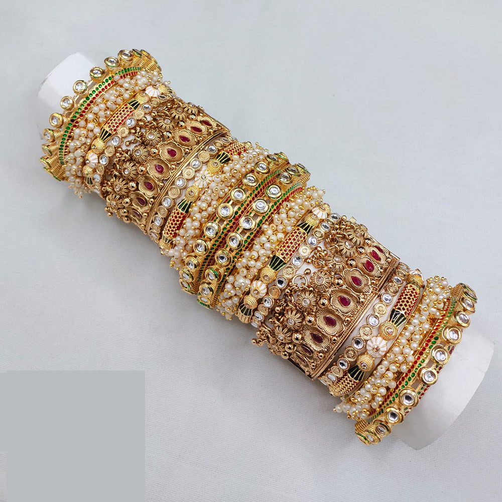 Lucentarts Jewellery Designer Kundan With Pearl And Meenakari Openable Bangles Set